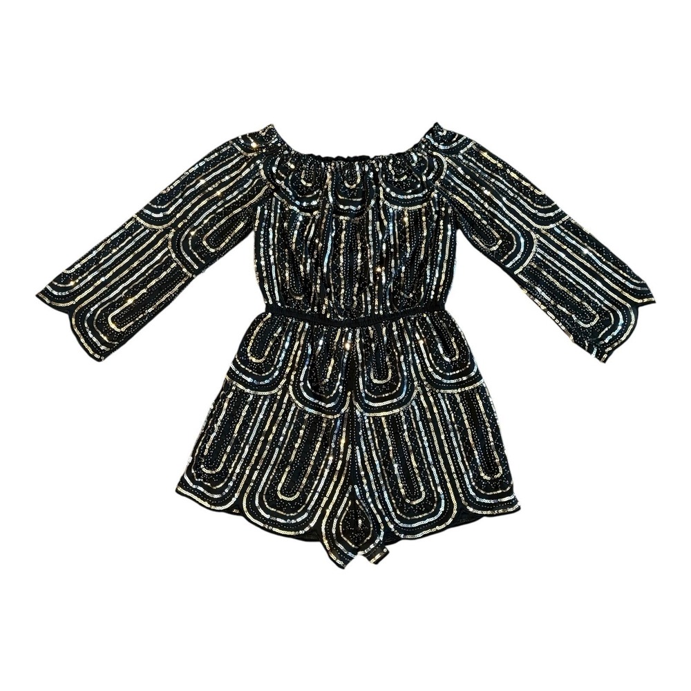 Sequin Off Shoulder Bell Sleeve Romper Black Sparkly Gatsby Party Size S - Picture 2 of 5